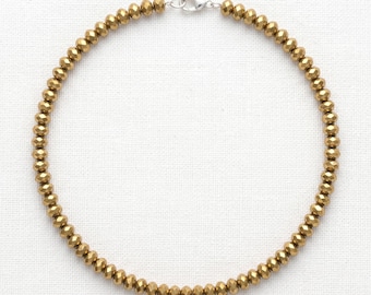 Genuine Gold Hematite Choker, 6mm Tiny Faceted Saucer Stone Beads, Sterling Silver Clasp, Elegant Boho Minimalist Layering Jewelry Gift