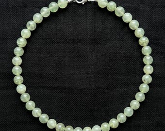 Natural Prehnite Beaded Necklace, 8mm Smooth Round, Sterling Silver Clasp, Sage Green Choker