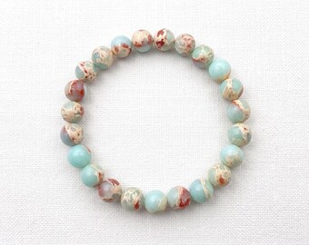 Natural Sea Sediment Jasper Bracelet • 8mm Smooth Beads • Aqua Blue Turquoise Impression Stone Elastic Wristband • Ocean Wave Unisex Jewelry
