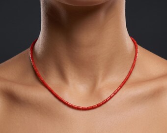 Natural Red Coral Necklace 2x4mm Tube Cylinder Beads, Sterling Silver Clasp Crimson Gemstone Choker Dainty Layering Gift for Her