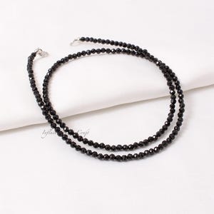 Real 3mm Black Spinel Round Beaded Necklace, Tiny Micro Faceted Black Spinel Jewelry, Black Bead Necklace with sterling silver clasp