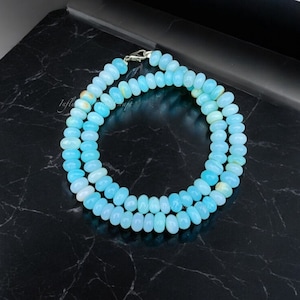 Peruvian Blue Opal Beaded Necklace, 8mm Opal Smooth Rondelle Gemstone Beads Necklace, Opal Jewelry, Women&#39;s Necklace, Gift For Her