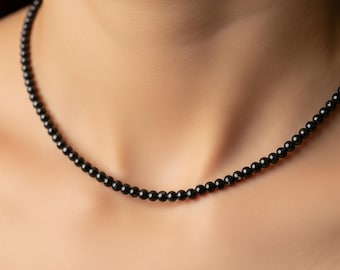 Natural Black Onyx Beaded Necklace | 4mm Smooth Round Beads | 925 Sterling Silver | Gift for Her |Minimalist Gift