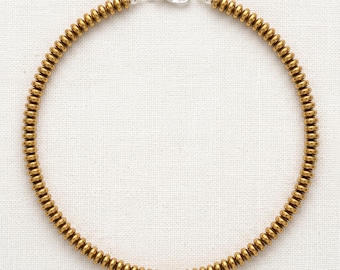 Golden Hematite Necklace • 6mm Smooth Saucer Disc Beads • Sterling Silver Clasp • Shiny Metallic Gold Strand • Geometric Stacking Choker
