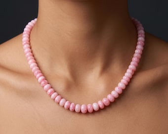Strawberry Pink Candy Opal Necklace, 8-9mm Smooth Rondelle Beads, Sterling Silver Clasp, Pastel Pink Gemstone Choker, Layering Gift