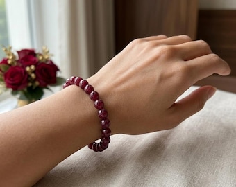 Natural Ruby Beaded Stretch Bracelet, 8mm Faceted Gemstone Beads, July Birthstone Jewelry, Stacking Bracelet for Her, Minimalist Gift