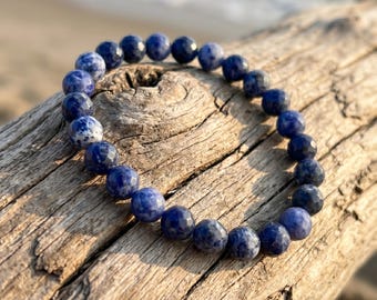Natural AAA Sodalite Faceted Stretch Bracelet 8mm Round Beads, Sparkly Denim Blue Gemstone Elastic Wristband Minimalist Gift for Her