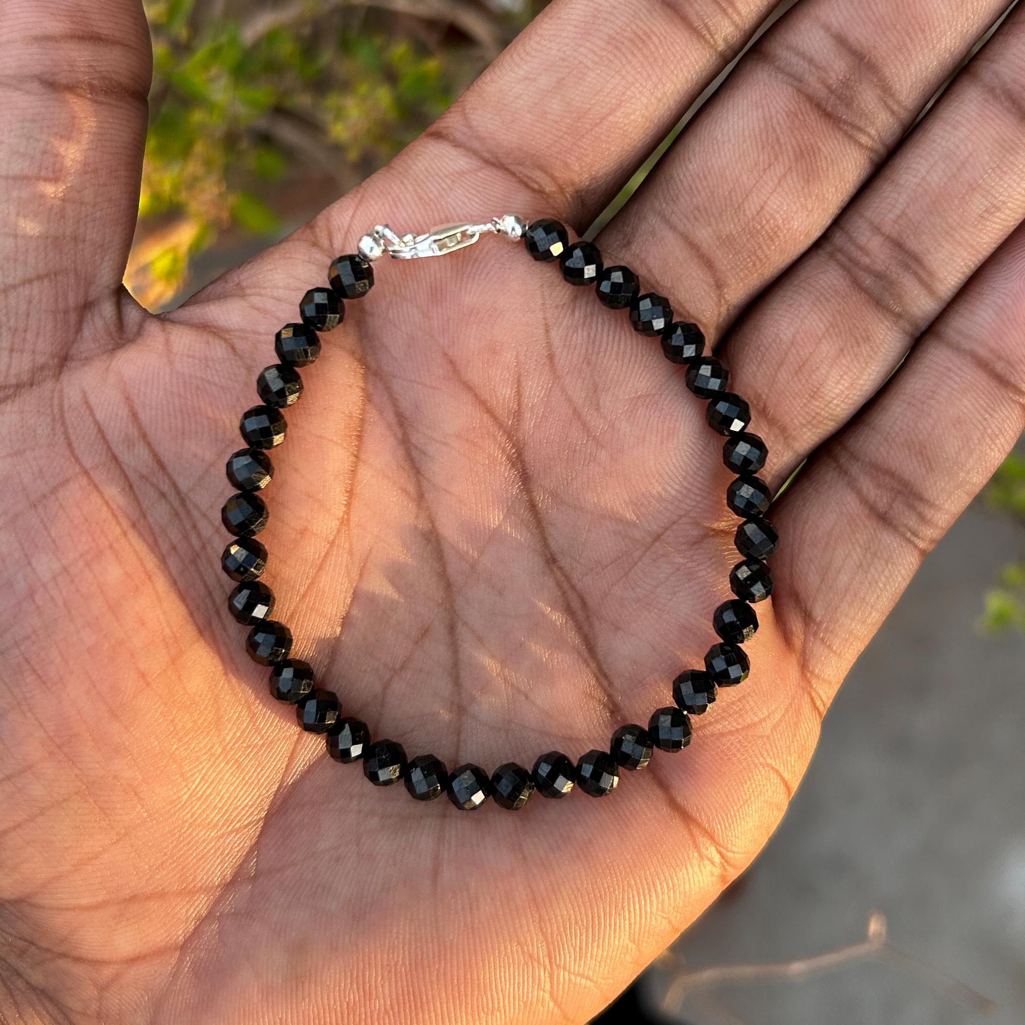 Black Spinel Beaded Bracelet, Faceted 5mm Round, Sterling Silver