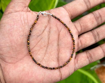 Delicada pulsera de cuentas de ojo de tigre de 2 mm, plata de ley