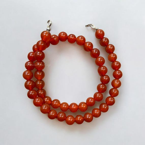 Collier Chute De Perles En Cornaline Naturelle - Fermoir Argent, Longueur 46 Cm - Occasion