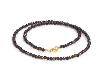 Natural Cats Eye Necklace • 3mm Faceted Shimmer Beads • 18k Gold Plated Silver Clasp • Minimalist Chatoyant Strand • Tiny Dainty Choker