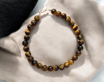 Natural Tiger Eye Beaded Bracelet, 6mm Smooth Round Beads, Sterling Silver Clasp, Unisex Bracelet, Mother's Day Gift for Her/Him