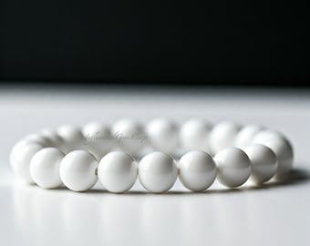 Weiß Onyx Perlen Stretch Armband | 8 mm, 10 mm, 12 mm glatte runde Perlen | Edelstein Armband, Geschenk für Sie und Ihn