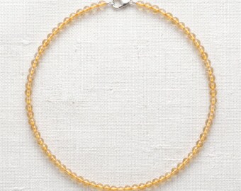 Natural Citrine Beaded Necklace 4mm Smooth Round Beads, Sterling Silver Clasp Golden Yellow Gemstone Choker November Birthstone Gift Her