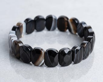 Genuine Banded Agate Bracelet, 8x13mm Sparkly Faceted Tablet Bead Elastic Strand 7-7.5", Boho Minimalist Layering Stacking Gift