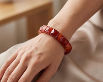 Natural Red Carnelian Stretch Bracelet, 14mm Pyramid Cut Square Beads, Large Geometric Gemstone Jewelry, Chunky Statement Bracelet, Gift Her