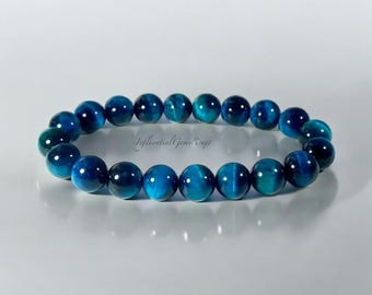 Ocean Blue Tiger's Eye Stretch Bracelet, 8mm Smooth Round Blue Tiger's Eye Beads, Blue Gemstone Bracelet, Gift For Her, Gift For Him