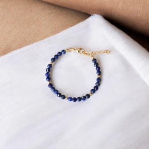 Natural Lapis Lazuli Beaded Bracelet, 4mm Faceted Round Beads, Gold Plated Sterling Silver Clasp, Dainty Blue Gemstone Jewelry