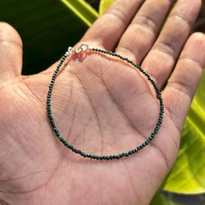 2mm Natural Malachite Beaded Bracelet with Sterling Silver Clasp, 100% Genuine Tiny Malachite Faceted Bracelet, Minimalist Design, Gift Her