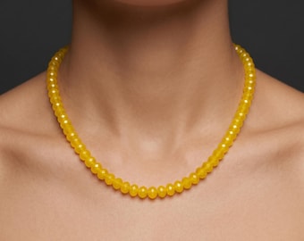 Genuine Yellow Quartz Gemstone Choker, 6mm Faceted Rondelle Beads, Sterling Silver Clasp, Elegant Boho Minimalist Layering Jewelry Gift