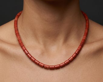 Red Jasper Cylinder Tube Bead Necklace with Sterling Silver Clasp, 6x9mm