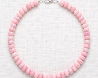 Pink Candy Opal Beaded Necklace 7-8mm Smooth Rondelle Choker, Sterling Silver Clasp Pastel Gemstone Strand Dainty Minimalist Gift for Her
