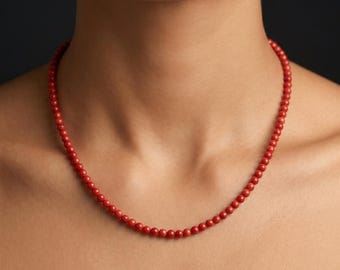 Natural Red Coral Beaded Necklace, 4mm Round Beads, Sterling Silver Clasp