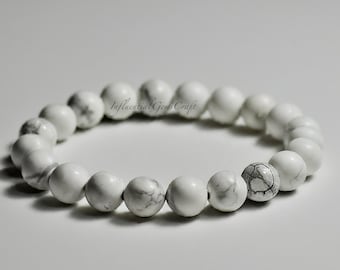 Pulseira elástica de contas de howlita branca, contas redondas lisas de 8 mm, pulseira de pedras preciosas howlita, pulseira de contas, masculina e feminina, presente