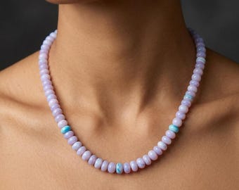 Natural Lavender Purple Candy Opal Necklace, 7-8mm Smooth Rondelle Beads, Sterling Silver Clasp, Pastel Lilac Gemstone Choker, Layering Gift