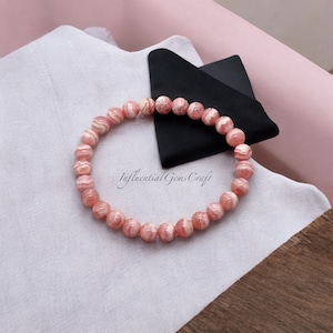 Impressionante pulseira elástica de pedras preciosas de rodocrosita, pulseira de contas redondas lisas de 8 mm, pulseira elástica de rodocrosita rosa, pulseira unissex
