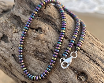 Genuine Rainbow Hematite Choker, 6mm Rondelle Wheel Stone Beads, Sterling Silver Clasp, Elegant Boho Minimalist Layering Jewelry Gift