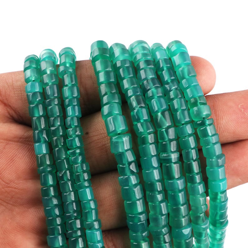 5mm-7mm Green Onyx Translucent Semi Precious Stone Beads 13 Inches Strand,Green Wheel Bead Natural Green Onyx Smooth Tire Wheel Shape Beads