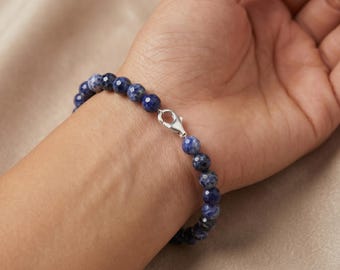 Genuine Blue Sodalite Bracelet, 8mm Sparkly Faceted Stone Beads, Sterling Silver Clasp, Elegant Boho Minimalist Stacking Jewelry Gift