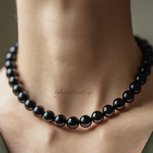 Elegante collar de cuentas de ónix negro, 8 mm, redondo y liso, cierre de plata de ley, joyería con piedras preciosas, collar de cuentas negras para hombre y mujer.