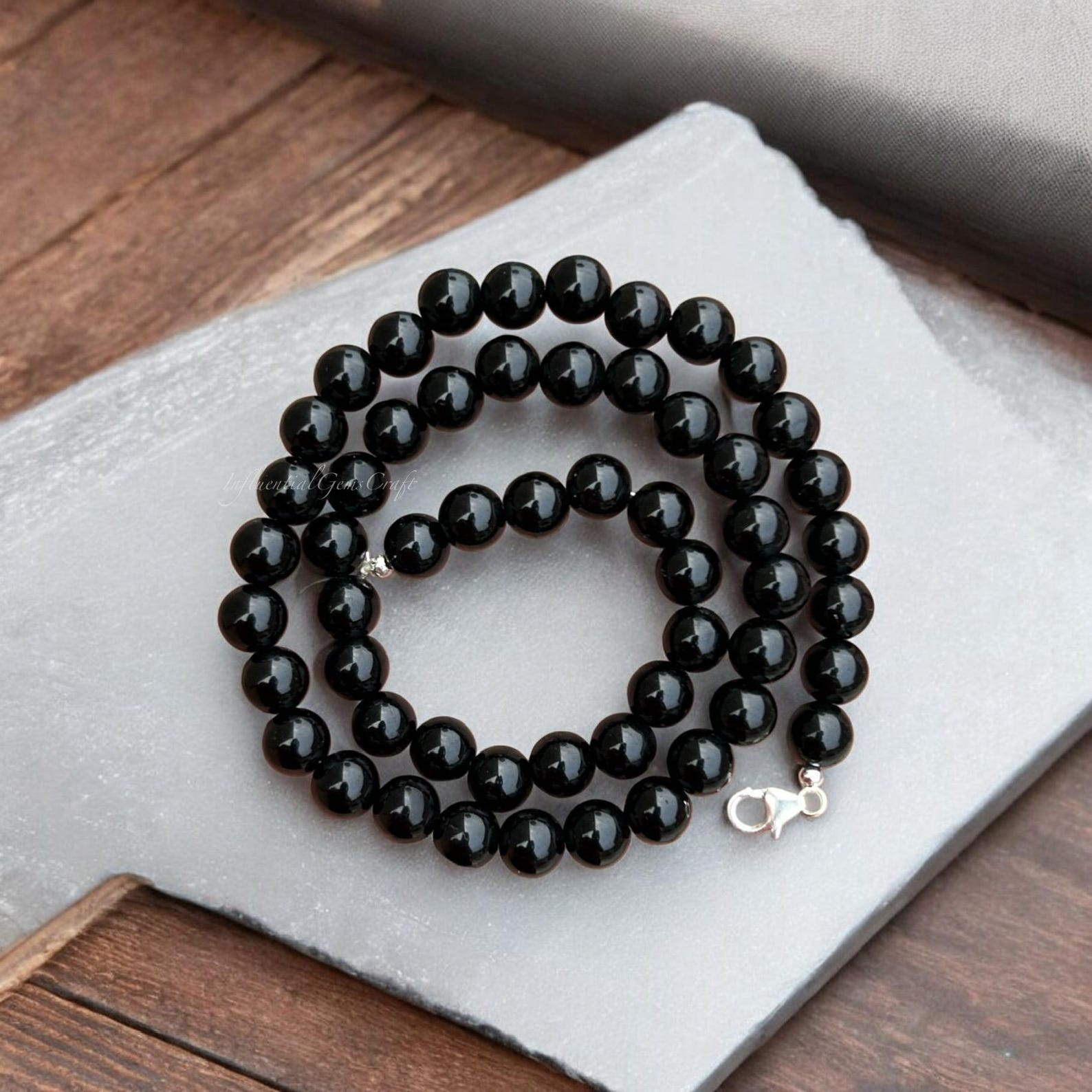 Sleek Black Onyx Beaded Necklace, 8mm Smooth Round, Sterling Silver
