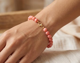 Natural Pink Coral Beaded Bracelet, 8mm Smooth Round Beads, Gold Plated Sterling Silver Clasp