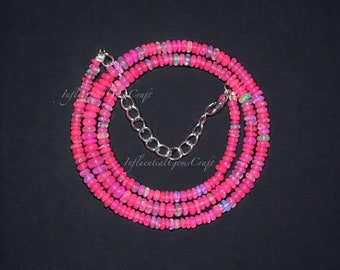 Collar de cuentas de ópalo de fuego etíope rosa (3 mm-4,5 mm), collar de cuentas redondas lisas de ópalo, regalo de boda para ella, cierre de plata de ley 925