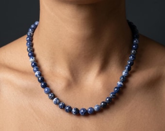Natural Sodalite Faceted Round Necklace, 8mm Gemstone Beads, Sterling Silver Clasp