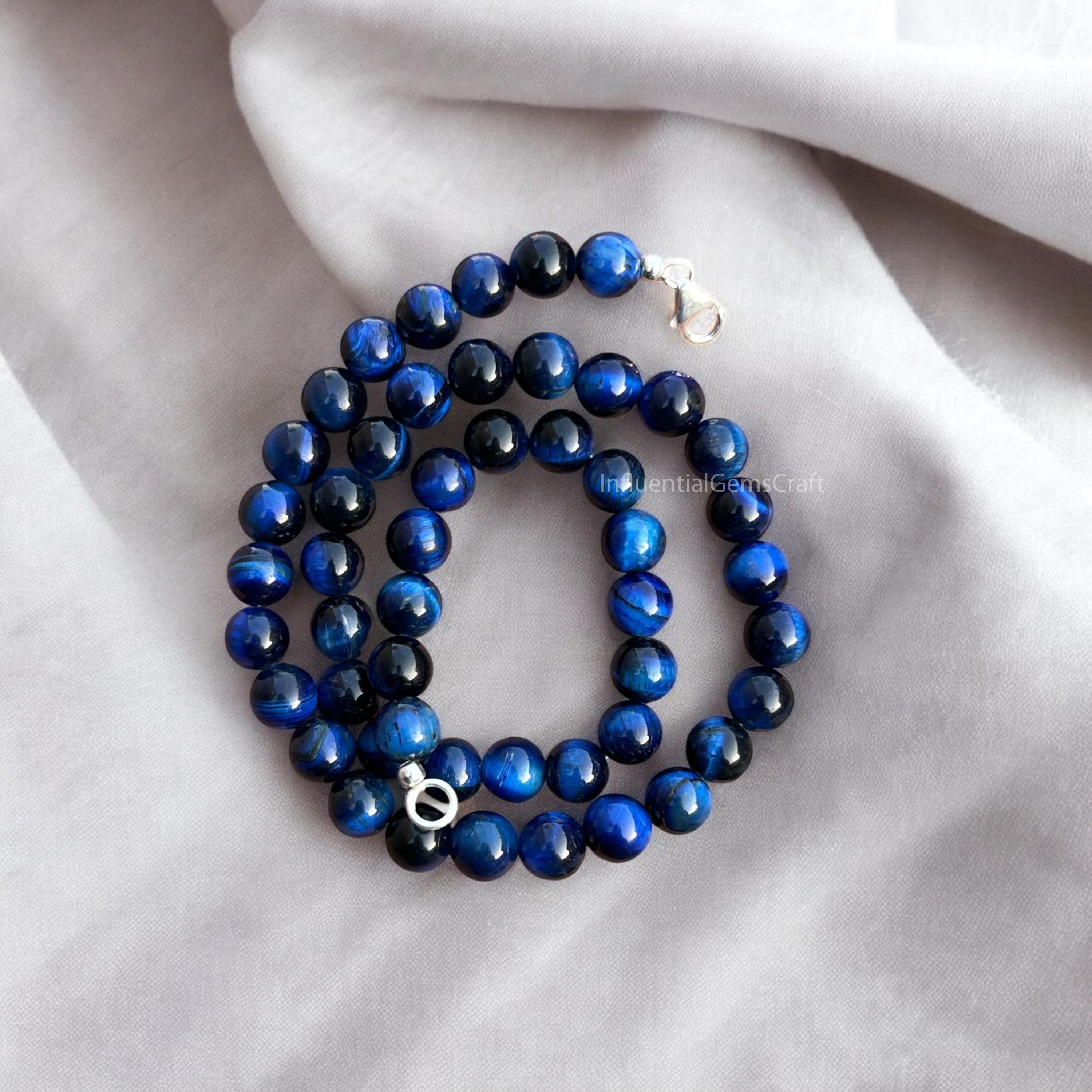 Sleek Blue Tiger's Eye Beaded Necklace, 8mm Smooth Round Beads