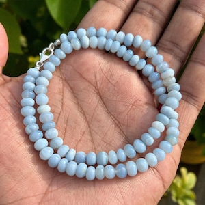 Natural Blue Opal Beaded Necklace, 6-6.5mm Smooth Rondelle Beads, Sterling Silver Lobster Closure, Opal Jewelry, Gift for her