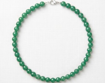 Natural Green Jade Necklace • 8mm Faceted Sparkle Beads • Sterling Silver Clasp • Classic Emerald Green Strand • Minimalist Layering Choker
