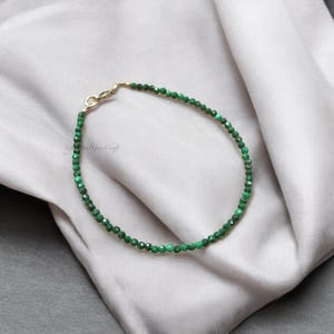 2mm Faceted Malachite Beaded Bracelet with Sterling Silver Clasp, Natural Tiny Malachite Bead Bracelet, Minimalist Design, Gift For Her
