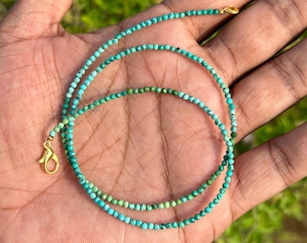 Natural Turquoise Beaded Necklace, 2mm Faceted Round Bead Necklace, Sterling Silver Gold Plated Clasp, Minimalist Bead Necklace, Anniversary