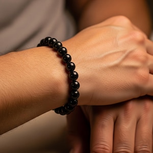 Natural Black Tourmaline Bracelet - 8mm Smooth Round Beads - Stretch Fit for Men & Women - Unisex Stretch Wristband - Thoughtful Gift