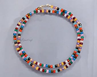 Natural Multi Color Cubic Zirconia Necklace, Faceted Rondelle Beads, Rainbow CZ Bead Necklace, Sterling Silver Clasp, Gift for Her