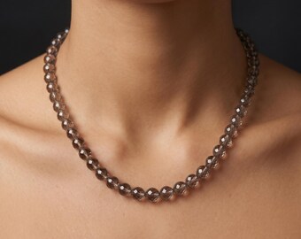 Genuine Smoky Quartz Choker, 8mm Sparkly Faceted Stone Bead Necklace, Sterling Silver Clasp, Elegant Boho Minimalist Layering Jewelry