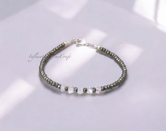 Pyrite Beaded Bracelet with Herkimer Diamond, Sterling Silver Clasp