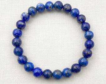 Natural Lapis Lazuli Bracelet • 8mm Smooth Deep Blue Beads • Genuine Pyrite Inclusions • High Elastic Stacking Wristband • Unisex Jewelry