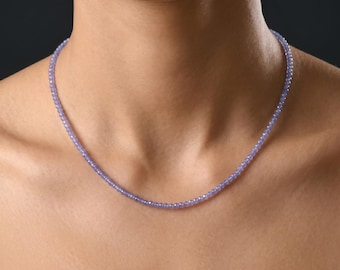 Natural Tanzanite Necklace • 2mm Micro Faceted Sparkle Beads • Sterling Silver Clasp • Minimalist Indigo Lavender Strand • Delicate Choker