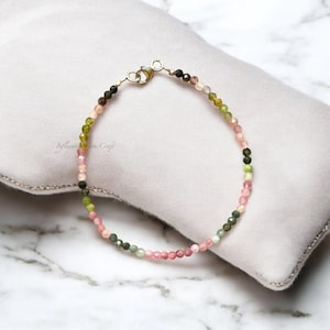 Rainbow Multi Tourmaline Beaded Bracelet (3-3.5mm) with Sterling Silver Clasp, Multicolor Micro-Faceted Round Tourmaline Bracelet For Women
